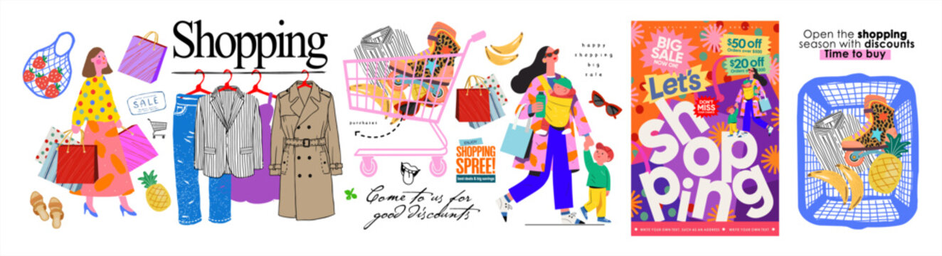 Shopping and sale. Vector illustrations of woman carrying bags and with children, cart full of products, clothes on hangers and a flyer with discounts for big sale poster, icons, store leaflet
