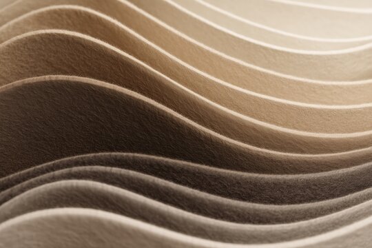 Fabric animation with layered felt bands softly moving up and down like waves. Close-up view, strong depth, warm earthy hues light brown, beige, and cream. Comfortable, backdrop.