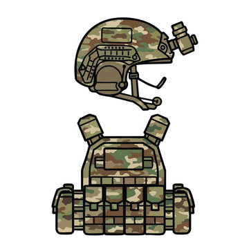 Military tactical helmet and plate carrier. Camouflage pattern flat illustration. Army gear icon.