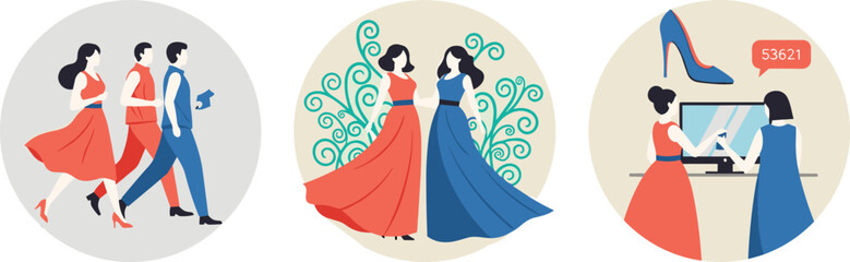 Fashion women shopping illustration, lifestyle clothing concept, modern flat vector design, style trends, boutique retail, online store, consumer behavior, marketing