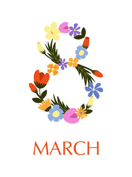 A card for International Women's Day, March 8. A silhouette of the number 8 in a floral arrangement. The inscription "March." Isolated on a white background