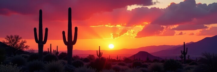 Majestic saguaro silhouettes against fiery Arizona sunset , wildlife, rays