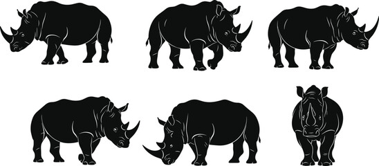 Black rhinoceros silhouette set, multiple rhino poses, wildlife animal illustration, isolated vector collection for nature, conservation, safari, branding, design, projects © Abu