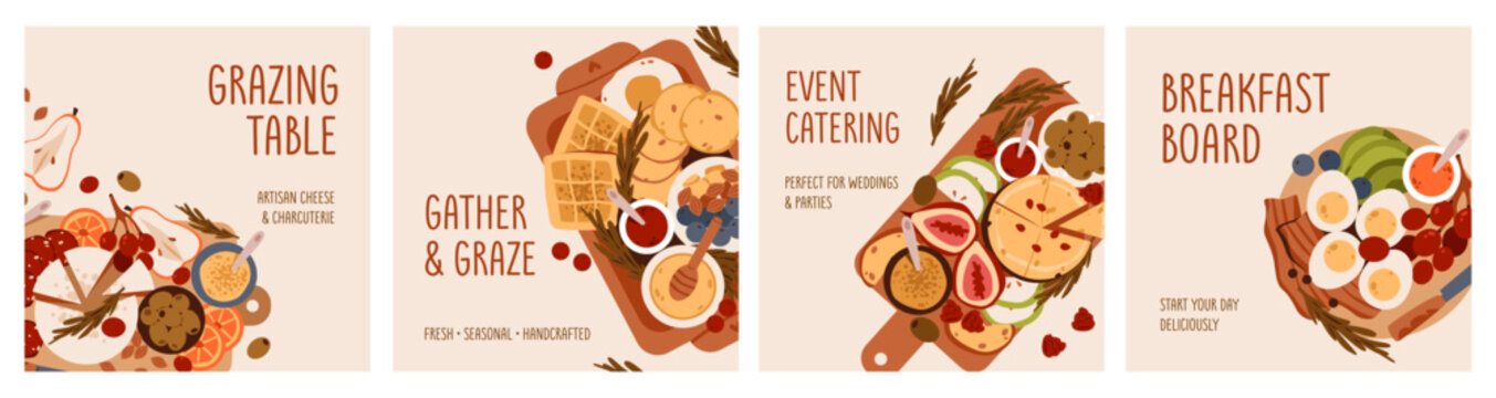 Grazing table catering and breakfast board banner templates for restaurant branding, social media, and event promotion. Gourmet charcuterie and artisan food.