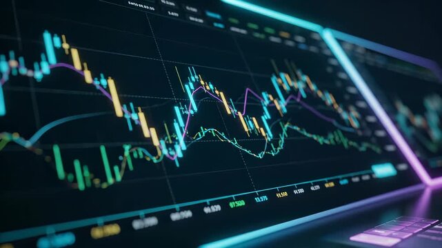 Trading chart displays stock market data on laptop screen. Financial graph shows trading indicators and candlestick patterns. Stock chart with market data on laptop. Trading screen displays financial