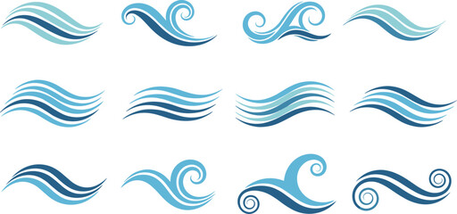 Blue abstract water wave icon set featuring stylized ocean ripples, marine swirls, sea surf symbols, and flowing aquatic design elements.