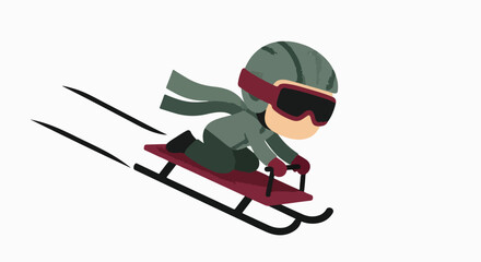 Obraz premium Dynamic cartoon illustration of a person in a helmet and goggles speeding downhill on a red sled, enjoying winter fun and sports.