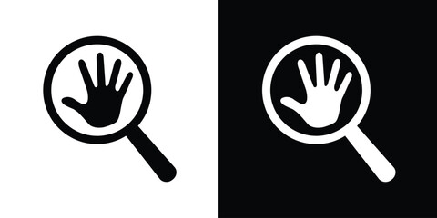 Magnifying glass icon featuring a human hand silhouette. Symbol for manual search, human touch verification, palm identification, and security scanning. Clean flat vector art. © bibin