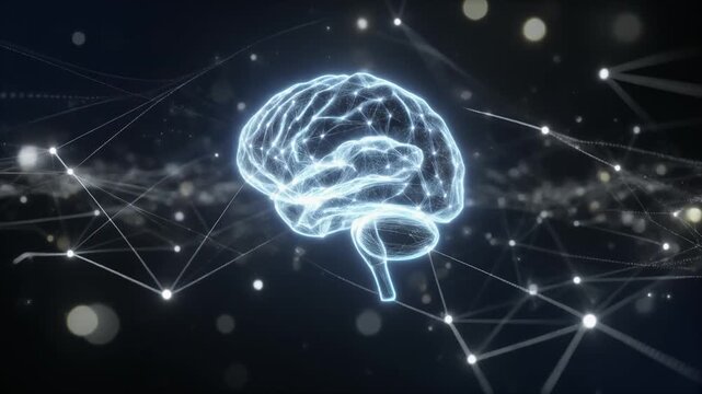 Human Brain Neural Network Connections Illuminated in Dark Space with Futuristic Lines and Nodes