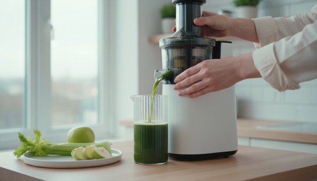 organic morning routine. clean interior features a juicer making a nutritious vegetable liquid