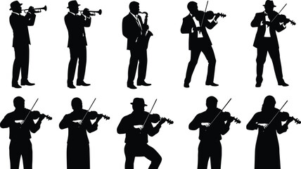 Jazz band musician silhouette set trumpet saxophone violin players live music vector – flavector © Shafali