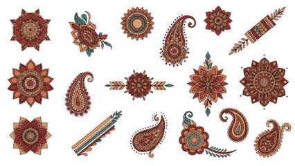 Assorted traditional paisley designs and floral patterns displayed together in a decorative arrangement on a neutral background from a direct viewpoint © Stock Image Paradise