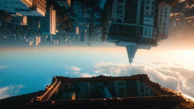 Mirror reflecting an upside-down city skyline and a dramatic sky at sunrise or sunset. Conceptual inverted urban landscape.