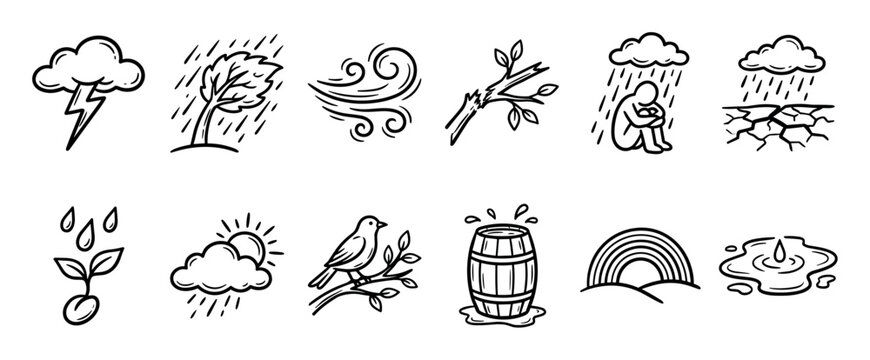 Hand-drawn doodle icon set depicting weather phenomena and a nature cycle from a destructive storm with thunder to hope and renewal with a rainbow and new growth