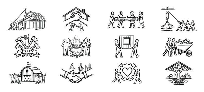 Set of twelve hand-drawn icons illustrating community, teamwork, and collaboration through various scenes of people working together to build and support each other in a sketch style