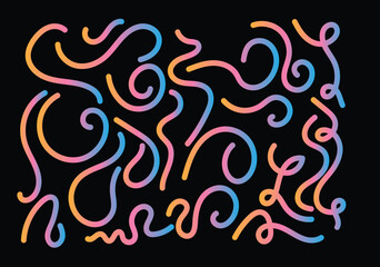 A vibrant collection of numerous multi colored wavy lines creating a playful pattern on black