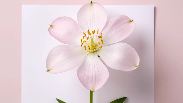 Elegant pink flower with delicate petals and green stem against a soft pink background.