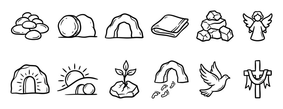 Set of hand-drawn Easter resurrection icons in a simple black and white doodle style, featuring the empty tomb, cross, angel, and other religious Christian symbols of faith and hope