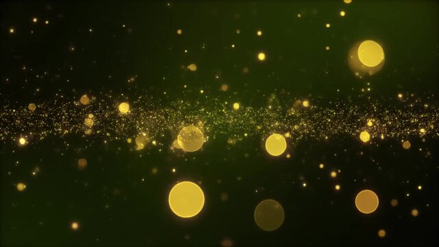 Vibrant golden particles and bokeh lights suspended in a dark green background, viewed from a straight-on perspective, showcasing a mesmerizing display of light and motion.