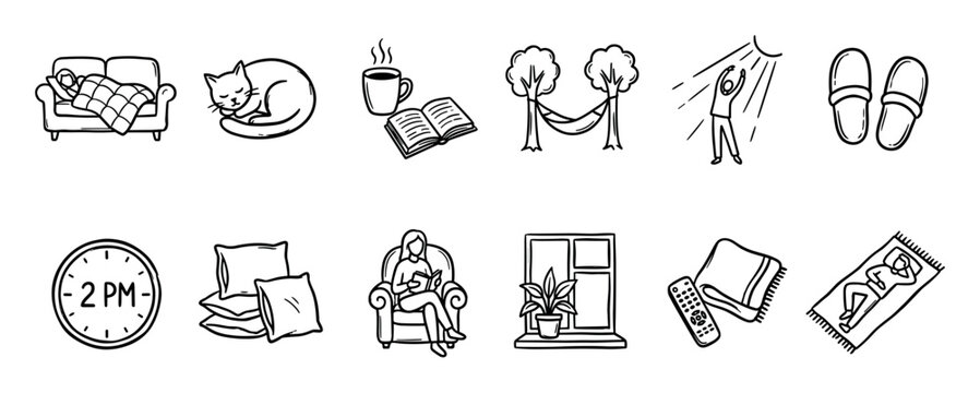 Black and white hand-drawn doodle icon collection representing afternoon nap, rest, and relaxation with simple sketch elements like a sleeping person, cat, book, and hammock