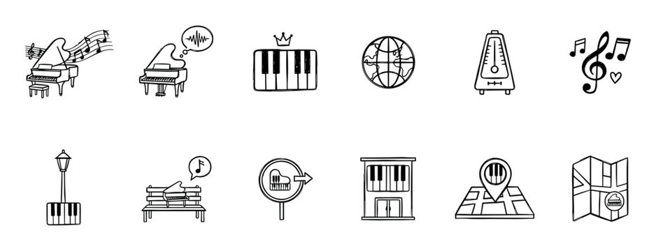 Set of black piano music icons in a hand-drawn doodle style showing grand pianos, keyboards, notes, a metronome, and location symbols like a map, globe, and sign