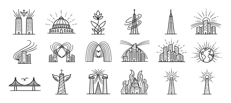 Set of eighteen minimalist black line icons depicting abstract concepts of architecture, urban life, spirituality, and nature, drawn in a clean, modern vector illustration style