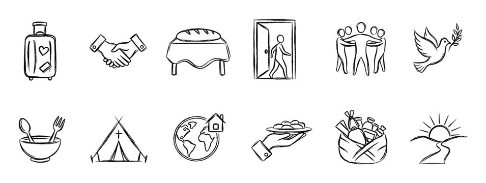 Set of black and white doodle icons symbolizing humanitarian aid, support for refugees, migration, community, shelter, and peace, presented in a simple hand-drawn sketch illustration style