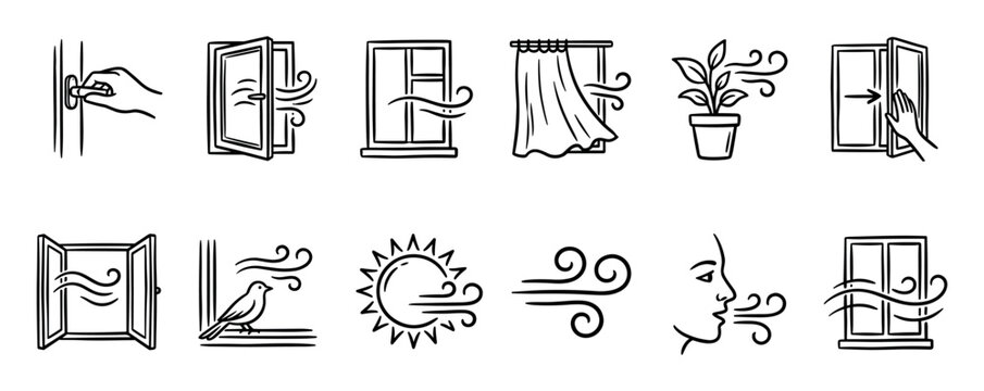 Set of black and white hand-drawn icons representing ventilation, fresh air, and wind blowing through open windows, with symbols for sun, plants, and breathing
