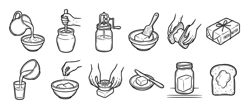 Set of hand-drawn illustrations showing the traditional process of making homemade butter from cream, including churning, washing, and shaping the final dairy product