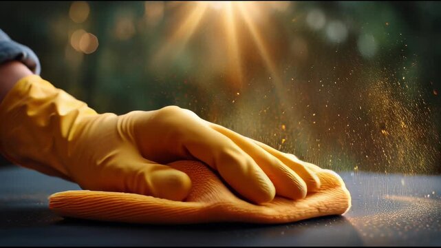 Cleaning cloth rubber glove dust particle sunlight surface microfiber cloth hand dusting light close up outdoor cleaning action bright warm atmosphere shining surface