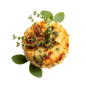 A beautifully presented crab cake garnished with fresh herbs and leaves. This delicious meal is presented on a plate.  Isolated Transparent Background, PNG