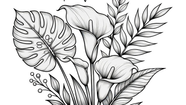 Botanical Line Art Drawing Tropical Calla Lily Monstera Leaf for Elegant Design and Adult Coloring Book