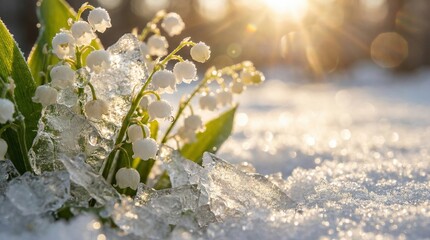 Spring Lily of the Valley Flowers Pushing Through Snow and Ice at Sunrise Banner With Copy Space