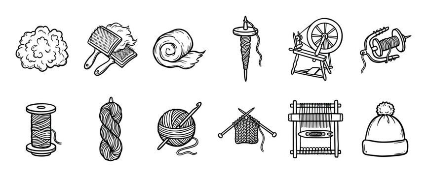 Set of hand-drawn wool processing icons showing the journey from raw fleece to finished knitted hat, including spinning wheel, loom, yarn, and needles in a line art style