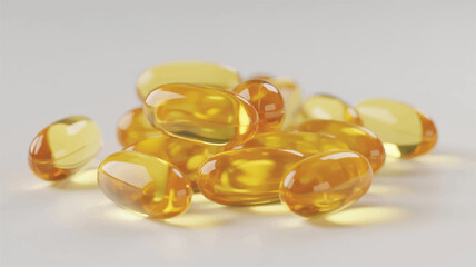 A close-up macro photograph of golden-yellow gel capsules scattered on a pure white background (2)_traced