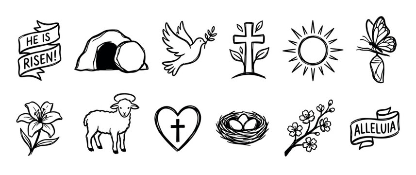 Collection of hand-drawn Christian Easter symbols representing resurrection, faith, and new life, including a cross, lamb, dove, and empty tomb in a simple line art style