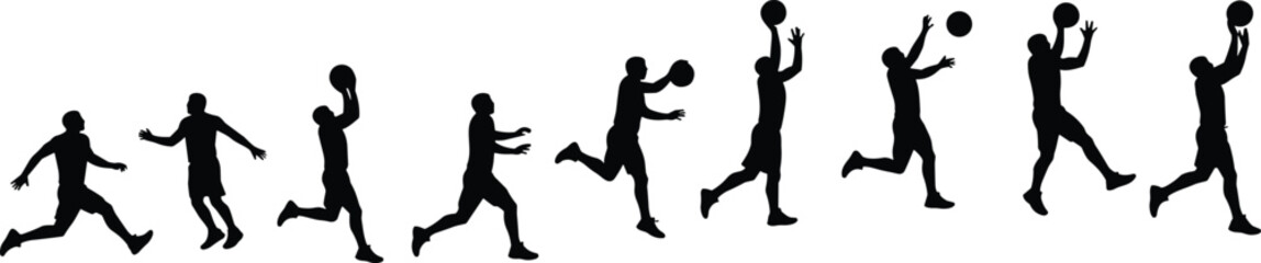 Basketball jump shot silhouette, running, jumping, shooting motion, black figure, white background, vector sequence, sports action, dynamic pose © Ali