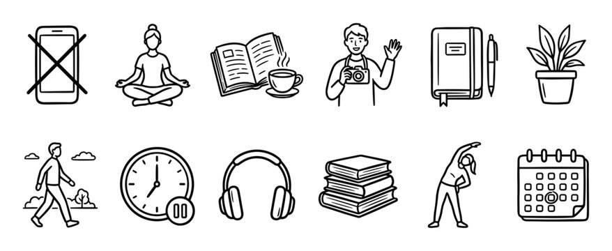 Hand-drawn icon set of self-care activities and hobbies for mental health and digital detox, featuring meditation, reading, walking, and journaling in a simple line art style