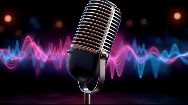 Close up vintage studio microphone with colorful sound waves creating dynamic vibrant audio recording atmosphere retro metal music broadcasting equipment technology communication device