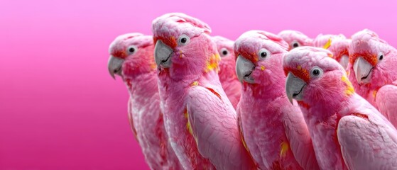 Vibrant Group Of Pink Parrots In A Bright Gradient Studio Background