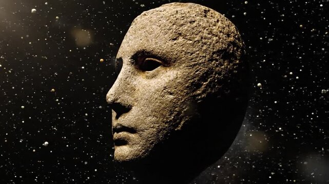 Stone face statue against a backdrop of a starry night. The sculpture shows detailed facial features