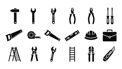 Fototapeta premium Vector illustration&nbsp;of set of construction and repair tools icons in black silhouette style on a transparent background