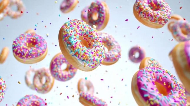 A delicious shower of colorful donuts with vibrant sprinkles floating gracefully in a bright, inviting atmosphere, perfect for celebrating sweet moments and sugary delights