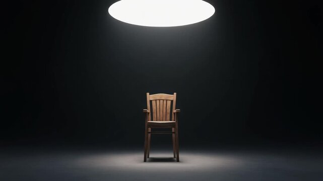 A lone wooden chair stands under an elliptical spotlight in a dark room viewed from a slight distance