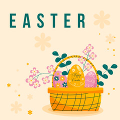 Fototapeta premium Classic Easter greeting card with a wicker basket full of decorated eggs and spring blossoms. Elegant floral background for holiday celebration and invitation
