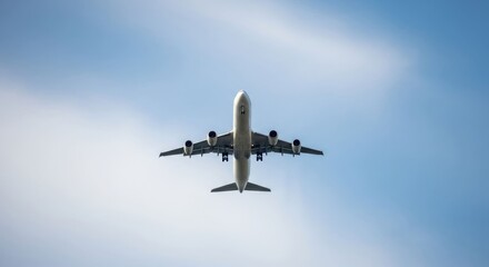 Obraz premium A white aircraft, viewed from below, ascends through a clear, blue sky