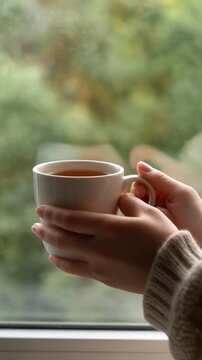 H&auml;nde halten eine Tasse Tee am Fenster &ndash; ruhige Wellness-Stimmung
