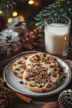 Delicious chocolate chip cookies on a plate with a glass of milk and festive Christmas pine cone decorations.