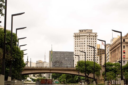 Pr&eacute;dios, &aacute;rvore, poste de rua, viaduto e constru&ccedil;&otilde;es da cidade de S&atilde;o Paulo. 