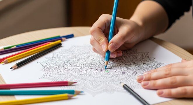 Close-up of hands coloring an intricate mandala pattern with colored pencils, adult coloring book for stress relief, art therapy and mindfulness hobby at home. AI generated.
